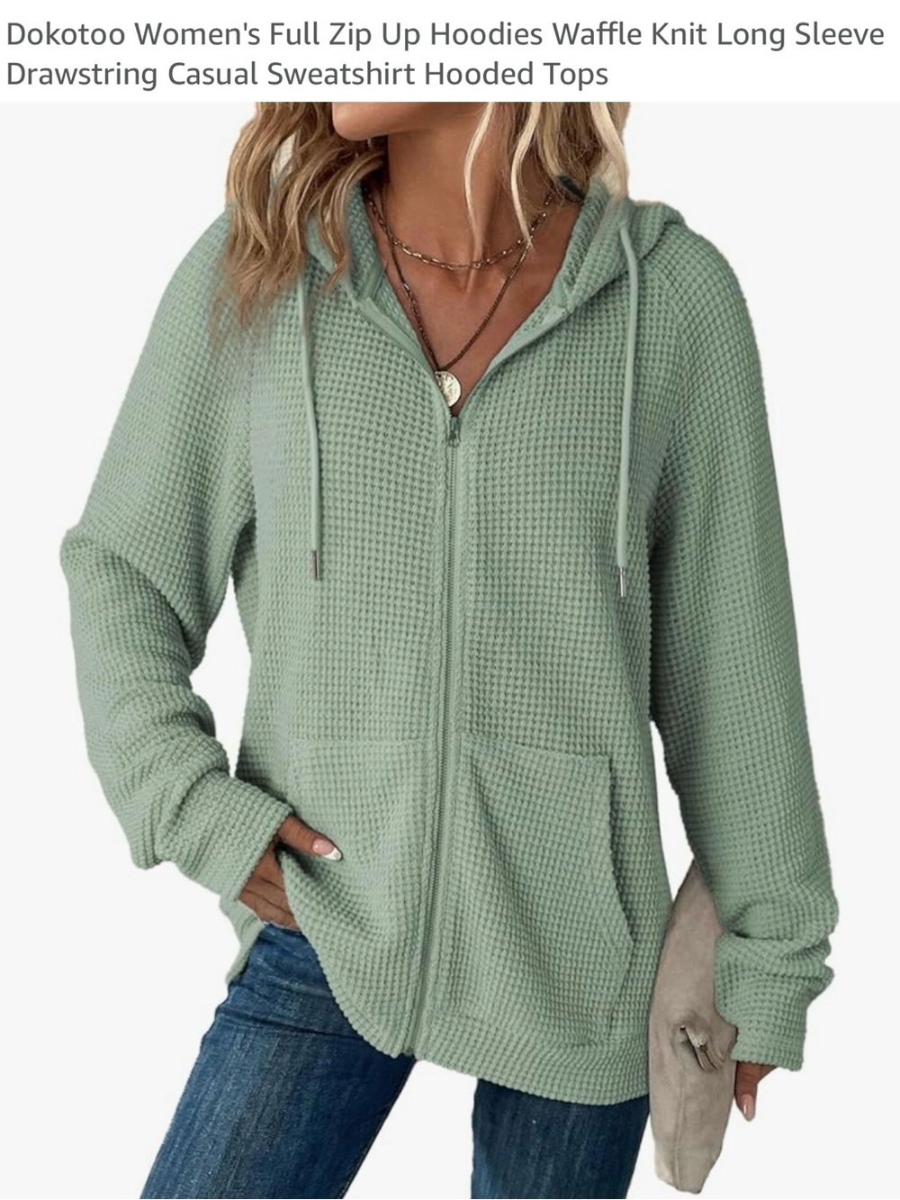 Dokotoo Women’s Waffle-Knit Full-Zip Hoodie Smoke Green XL